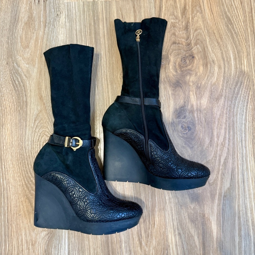 FABI Black Suede & Embossed Leather Platform Wedge Ankle Boots